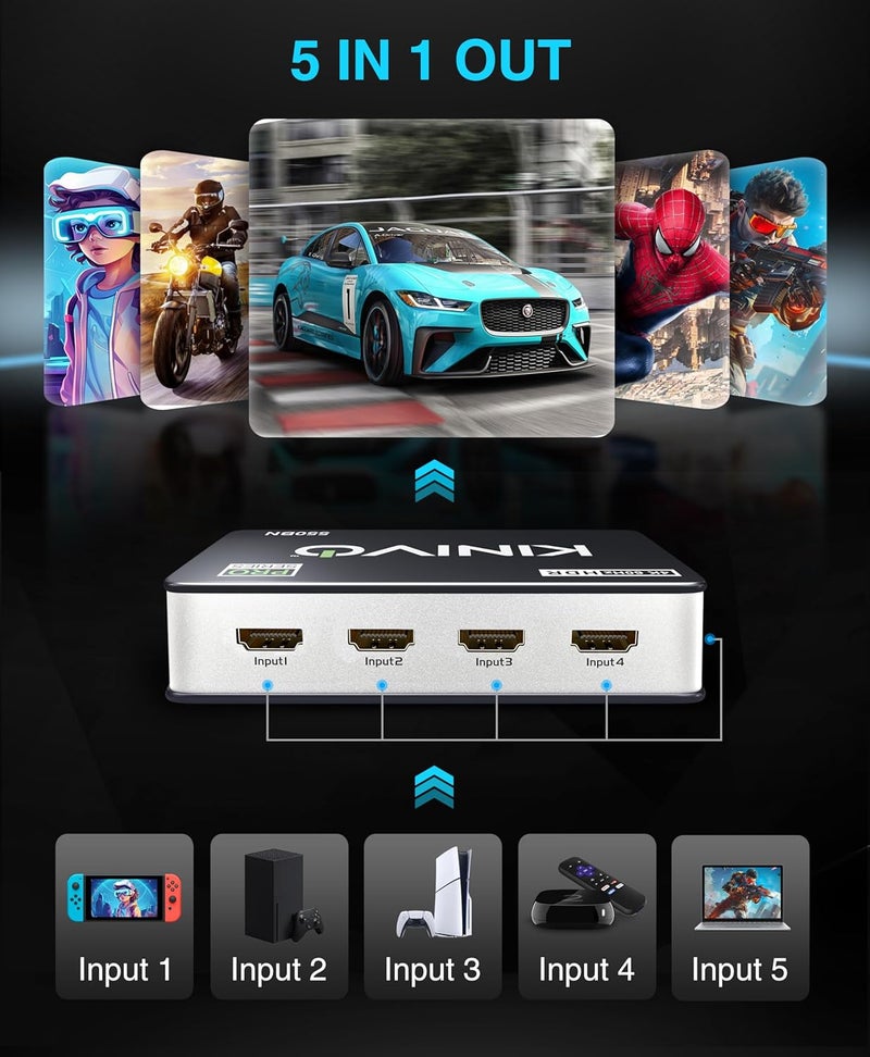 Kinivo HDMI Switch 4K HDR 550BN (5 in 1 Out, 4K 60Hz HDR, HDMI 2.0, High Speed 18Gbps, IR Remote, HDCP) - Compatible with Roku, PS5, Xbox, Apple TV, Nintendo Switch, Cable Box - Image 4