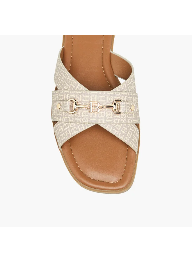 Flora Bella By Shoexpress Women Monogram Print Slip-On Flat Sandals with Metal Accent