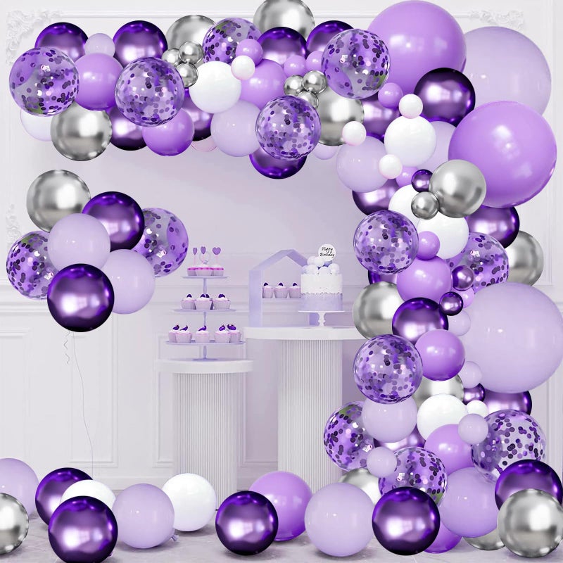 Zesliwy Purple Balloons Garland Arch Kit144pcs Lavender Purple Pastel Purple Confetti Balloons with Silver White Ballons for Butterfly Bridal Shower Birthday Wedding Party Decoration - Image 2