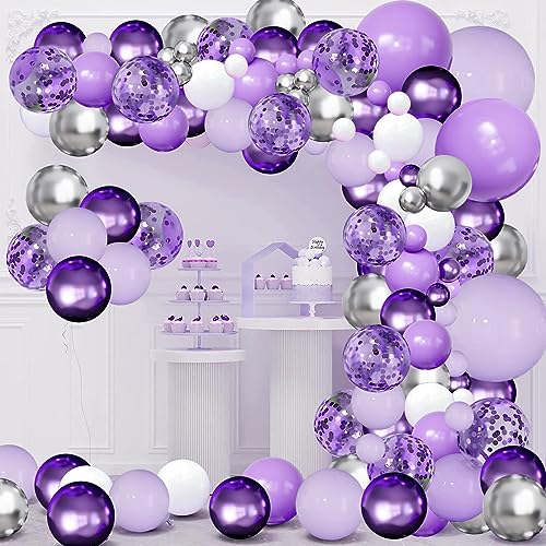 Zesliwy Purple Balloons Garland Arch Kit144pcs Lavender Purple Pastel Purple Confetti Balloons with Silver White Ballons for Butterfly Bridal Shower Birthday Wedding Party Decoration - Image 1