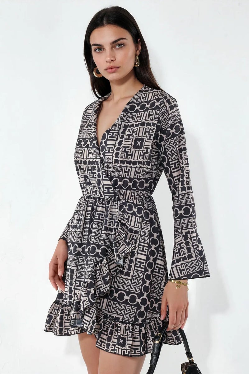 Jennyfer Geometric Wrap Mini Dress With Tie Waist - Image 1