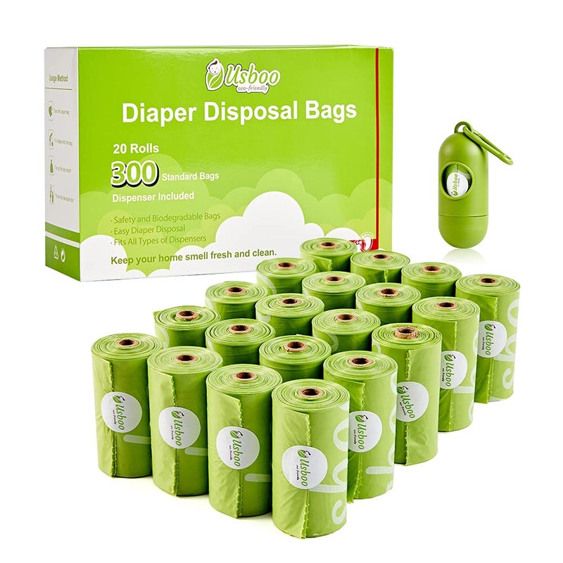 USBOO Disposable Diaper Bags for Baby 20 Refill Rolls300 Bags Waste Bags with Dispenser Convenient and Quick Diaper Disposal Unscented
