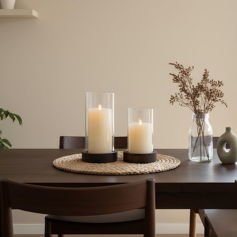 Ronasip Set of 2 Hurricane Candle Holders with Wood Base & Glass Cylinder (4.2x5.9â€ & 4.6x7.8â€) â€“ Rustic Wooden Candle Holders for Home Decor, Weddings, Table Centerpieces (2, Brown) - Image 4
