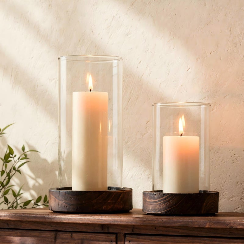 Ronasip Set of 2 Hurricane Candle Holders with Wood Base & Glass Cylinder (4.2x5.9â€ & 4.6x7.8â€) â€“ Rustic Wooden Candle Holders for Home Decor, Weddings, Table Centerpieces (2, Brown) - Image 1