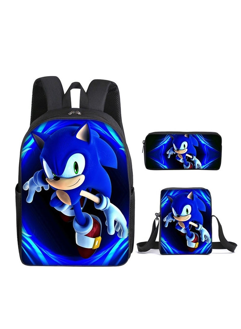 Sonic student large capacity backpack three piece set, anime cartoon backpack, shoulder bag pen bag