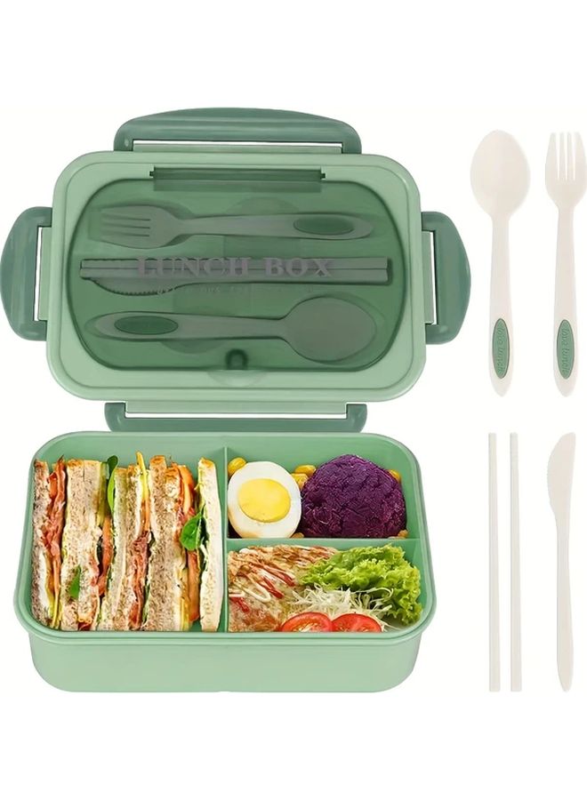 Leakproof Insulated Square Lunch Box With Built In Utensils 3 Compartment Microwave Safe In PP Green - Image 3
