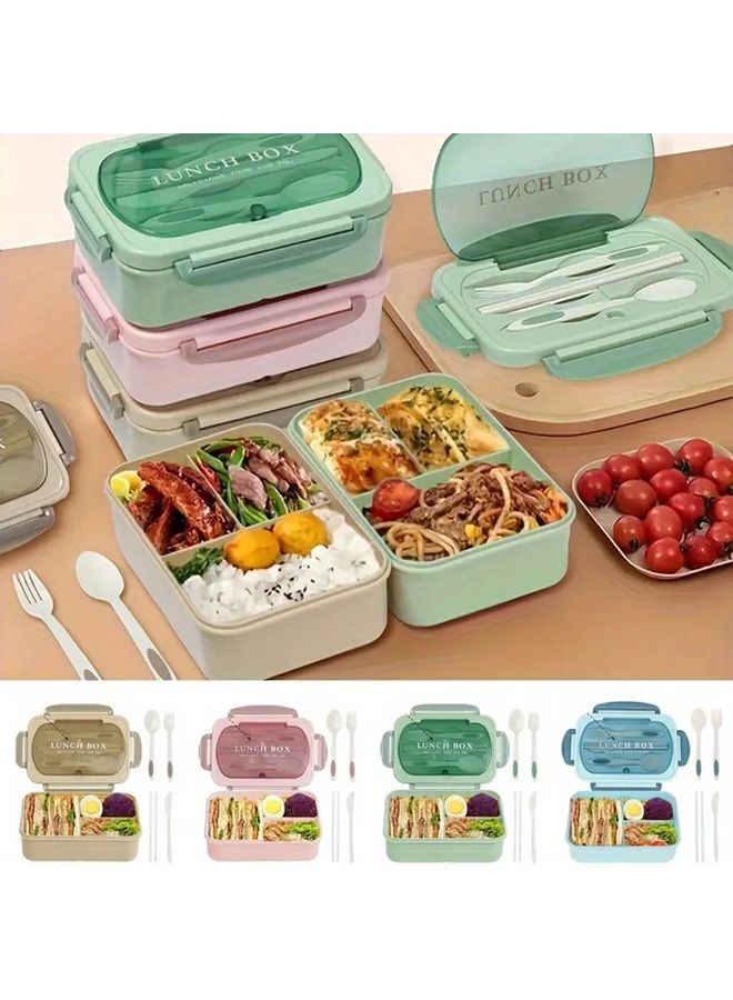 Leakproof Insulated Square Lunch Box With Built In Utensils 3 Compartment Microwave Safe In PP Green - Image 1