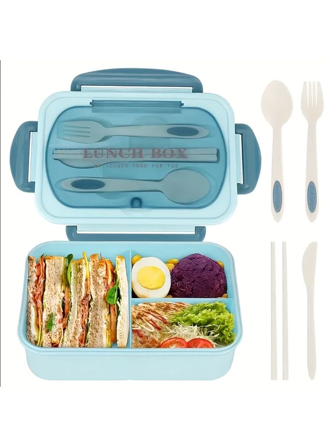Leakproof Insulated Square Lunch Box With Built In Utensils 3 Compartment Microwave Safe In PP Green - Image 2