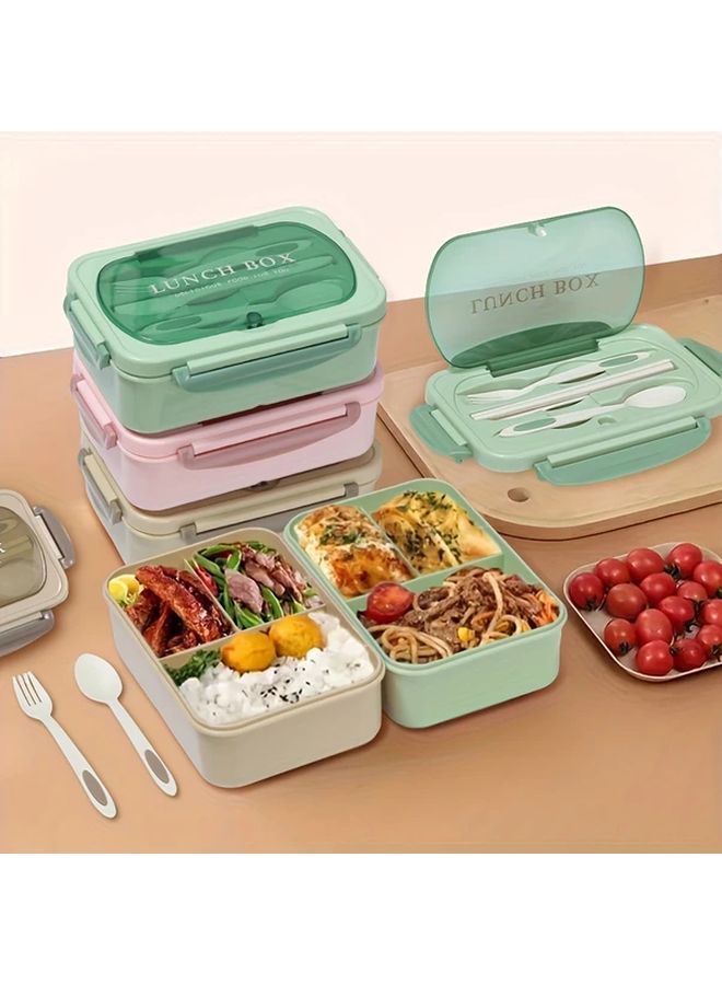 Leakproof Insulated Square Lunch Box With Built In Utensils 3 Compartment Microwave Safe In PP Green - Image 4