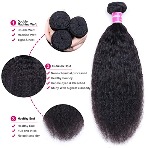 UNice Hair 10A Yaki Kinky Straight Human Hair 3 Bundles, 100% Unprocessed Mongolian Virgin Human Hair Weave Extensions Natural Color (12 14 16 inch) - Image 4