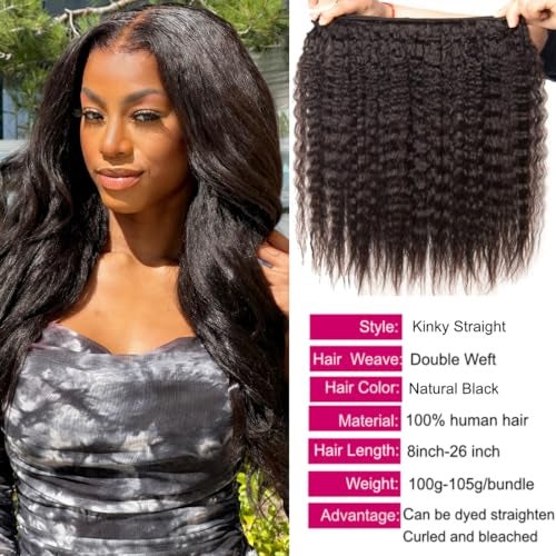 UNice Hair 10A Yaki Kinky Straight Human Hair 3 Bundles, 100% Unprocessed Mongolian Virgin Human Hair Weave Extensions Natural Color (12 14 16 inch) - Image 3