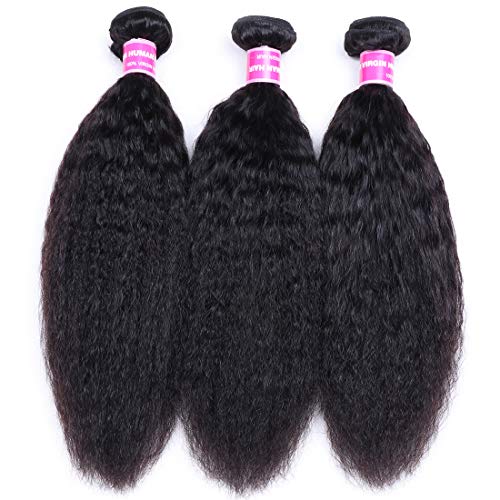 UNice Hair 10A Yaki Kinky Straight Human Hair 3 Bundles, 100% Unprocessed Mongolian Virgin Human Hair Weave Extensions Natural Color (12 14 16 inch) - Image 5
