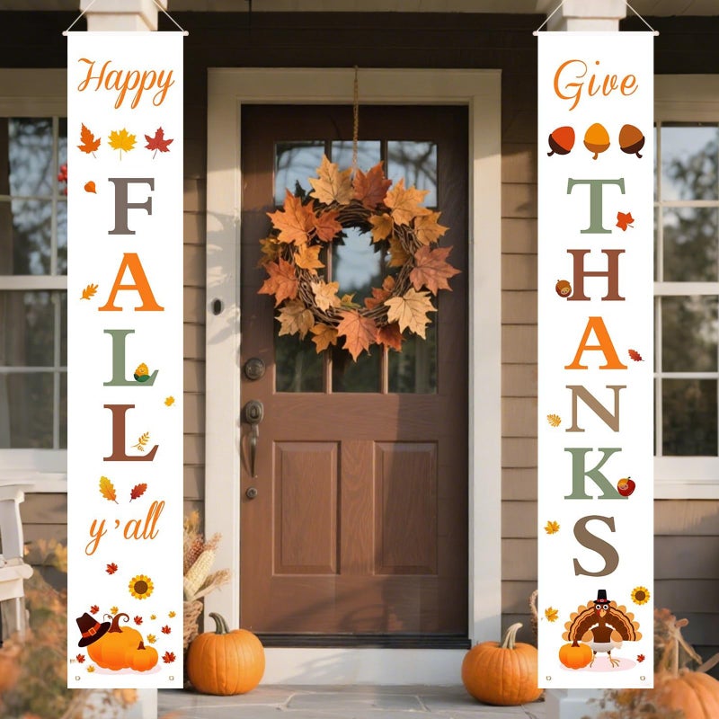 DAZONGE Thanksgiving Decorations for Home Happy Fall Give Thanks Porch Banners Autumn Harvest Porch Sign for Thanksgiving Decorations Indoor and Outdoor Fall banners Decor