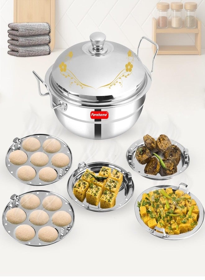 Ferohome 4.5 Ltr Stainless Steel 3 in 1Multi Kadai | Includes Free Multi Fiber Cloth| Idli,Dhokla & Patra Maker with 2 Idli Plates, 2 Dhokla Plates, 1 Patra Plate & Lid | Rounded Edges with Durable Grip & Sandwich Bottom - Image 1