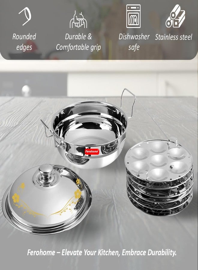 Ferohome 4.5 Ltr Stainless Steel 3 in 1Multi Kadai | Includes Free Multi Fiber Cloth| Idli,Dhokla & Patra Maker with 2 Idli Plates, 2 Dhokla Plates, 1 Patra Plate & Lid | Rounded Edges with Durable Grip & Sandwich Bottom - Image 5