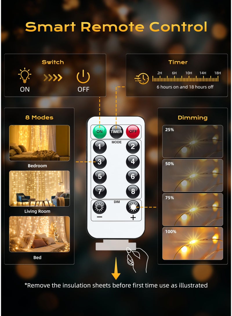 Solerconm 3M*1M Minetom Curtain String Lights with Remote Control, 100 LED Fairy Lights USB Powered, 8 Lighting Modes, Warm White Curtain Lights for Bedroom, Wedding, Party, and Home Decoration - Image 5