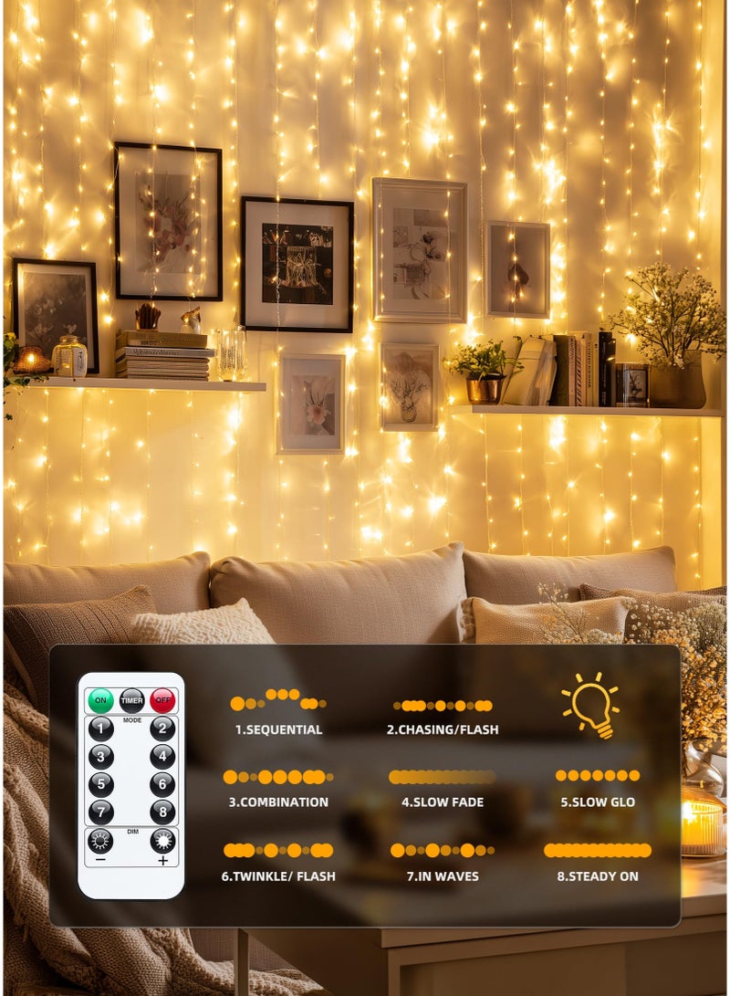 Solerconm 3M*1M Minetom Curtain String Lights with Remote Control, 100 LED Fairy Lights USB Powered, 8 Lighting Modes, Warm White Curtain Lights for Bedroom, Wedding, Party, and Home Decoration - Image 4