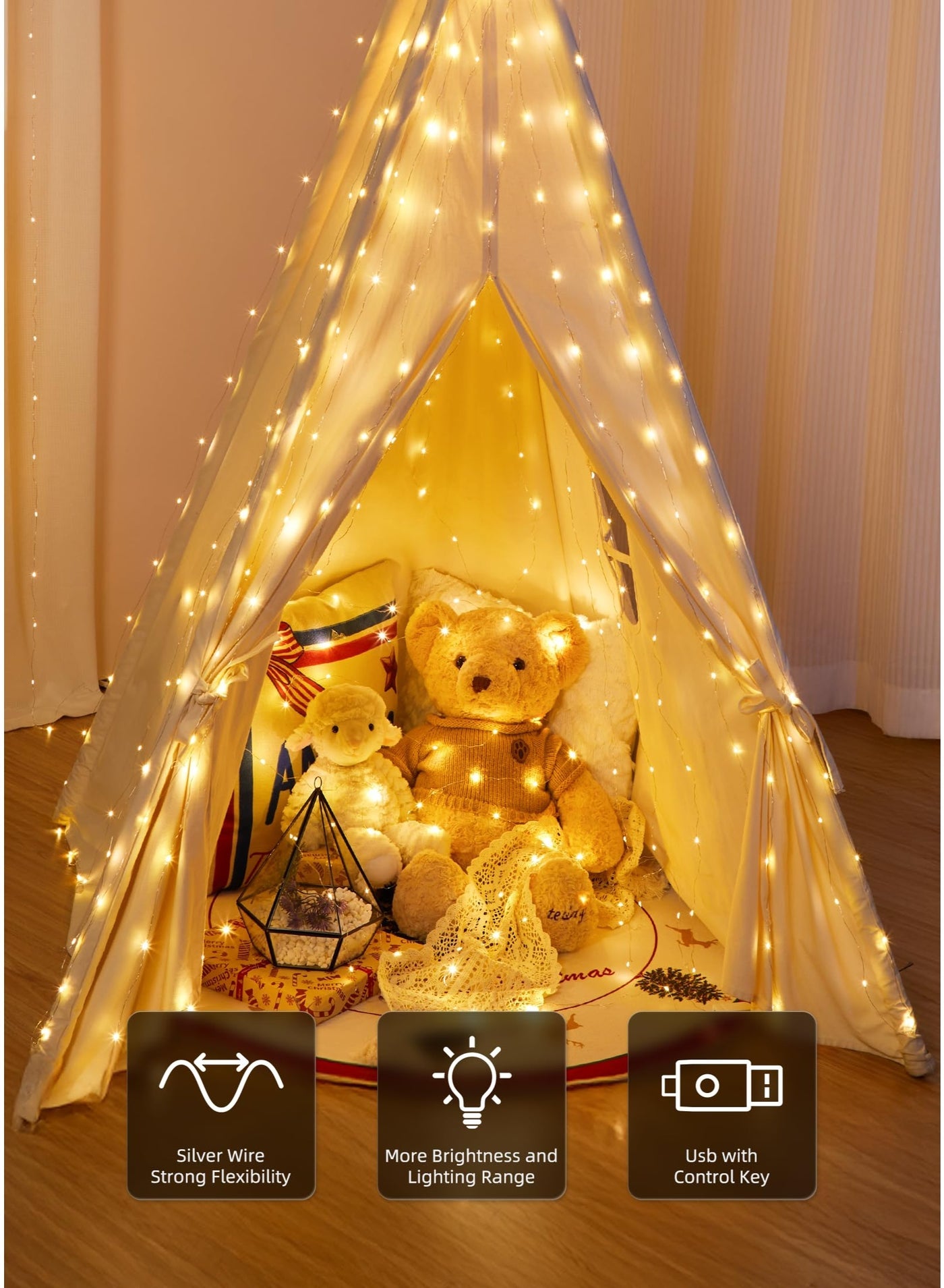3M*1M Minetom Curtain String Lights with Remote Control, 100 LED Fairy Lights USB Powered, 8 Lighting Modes, Warm White Curtain Lights for Bedroom, Wedding, Party, and Home Decoration
