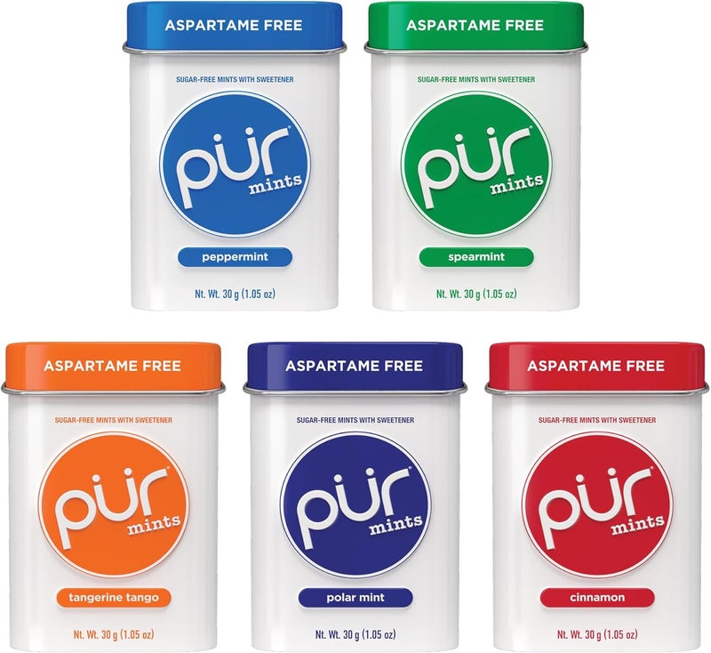 PUR Gum PUR Mints Variety Pack - Aspartame Free, Sugar Free, Vegan, Gluten Free & Keto Friendly - 30 Pieces Each of Peppermint, Spearmint, Tangerine Tango, Polar Mint, and Cinnamon - Image 1