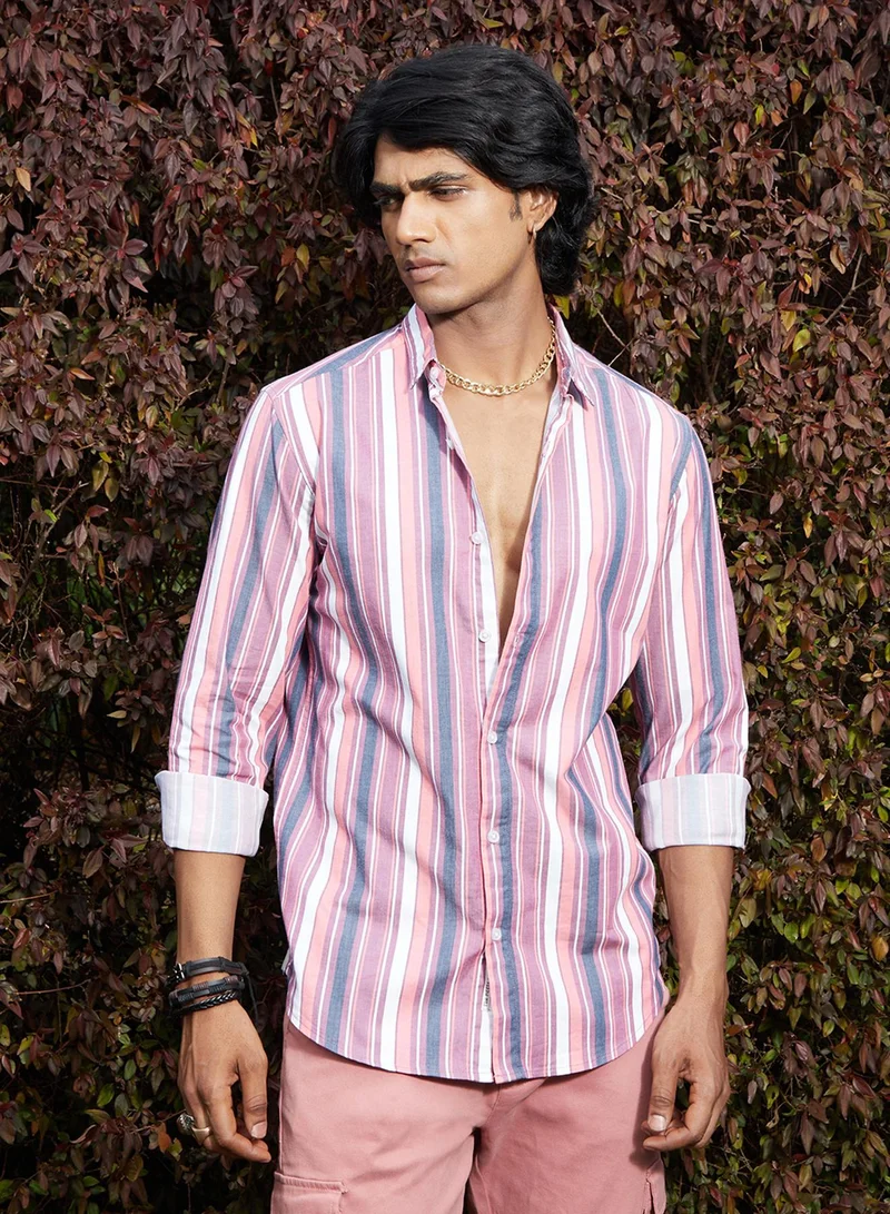 Campus Sutra Men's Blush Pink & Dark Grey Faded Barcode Striped Shirt