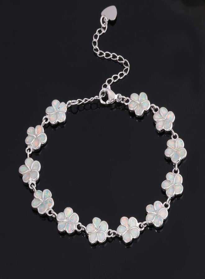 CiNily Sterling Silver Plated White Opal Flower Bracelet-Plumeria Hawaiian Flower Link Tennis Bracelet for Women October Birthstone Bracelet - Image 4