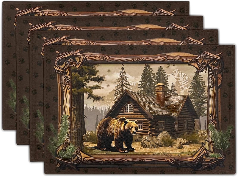 Granbey Bear Placemats Set of 4  Lodge Cabin Place Mats 12x18 Inch Rustic Farmhouse Wild Animal Table Mats Country Woodland Kitchen Mats for Dining Table - Image 1