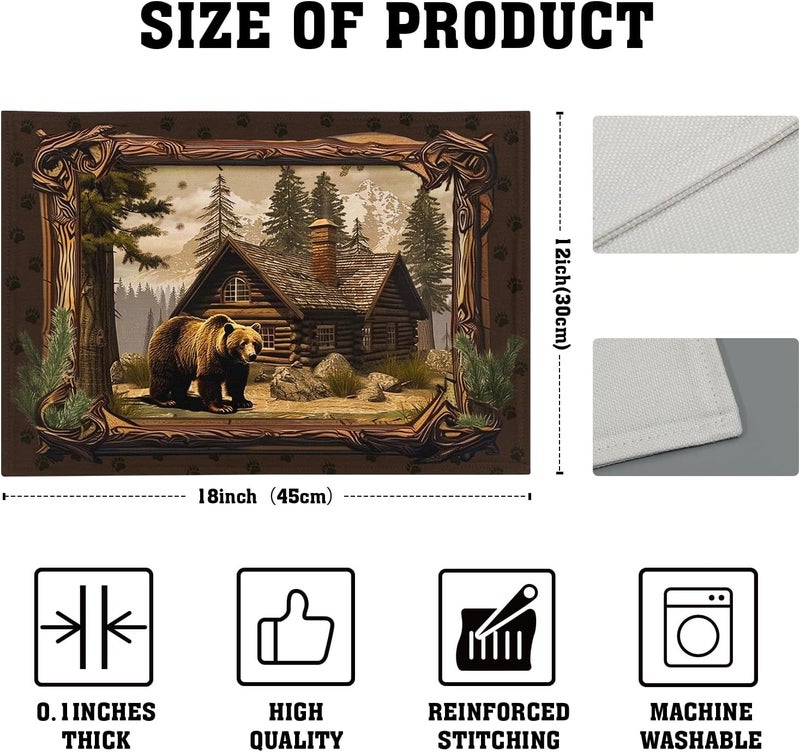 Granbey Bear Placemats Set of 4  Lodge Cabin Place Mats 12x18 Inch Rustic Farmhouse Wild Animal Table Mats Country Woodland Kitchen Mats for Dining Table - Image 4