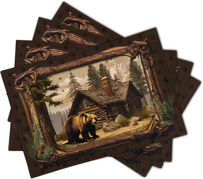 Granbey Bear Placemats Set of 4  Lodge Cabin Place Mats 12x18 Inch Rustic Farmhouse Wild Animal Table Mats Country Woodland Kitchen Mats for Dining Table - Image 2