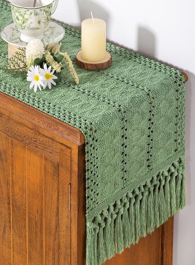 Socomi مفرش طاولة سوكومي بلون أخضر حكيم بوهيمي، مثالي لعيد الحب، بتصميم ريفي أنيق، قطعة مركزية رائعة للمطبخ أو غرفة الطعام، مصنوع من القطن والكتان المنسوج بتقنية المكرمية، مناسب لطاولة القهوة أو طاولة الزينة أو كوشاح أو ديكور منزلي، مقاس 12 × 36 بوصة. - Image 2