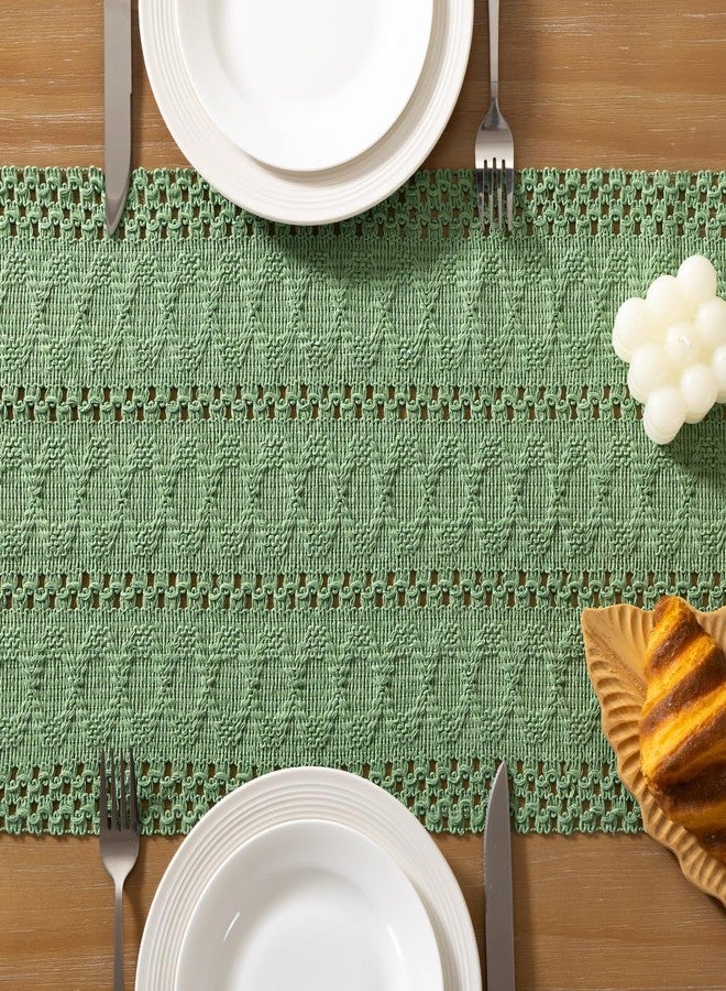 Socomi مفرش طاولة سوكومي بلون أخضر حكيم بوهيمي، مثالي لعيد الحب، بتصميم ريفي أنيق، قطعة مركزية رائعة للمطبخ أو غرفة الطعام، مصنوع من القطن والكتان المنسوج بتقنية المكرمية، مناسب لطاولة القهوة أو طاولة الزينة أو كوشاح أو ديكور منزلي، مقاس 12 × 36 بوصة. - Image 3