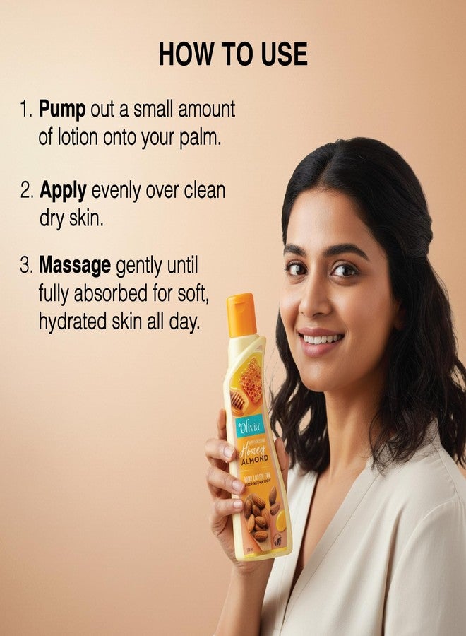 Olivia Honey Almond Body Lotion for Deep Hydration | Non-Sticky Moisturiser with Vitamin E | Repairs Skin, Reduces Wrinkles & Fine Lines, Improves Elasticity | For Rough, Acne-Prone Skin | 100ml - Image 3