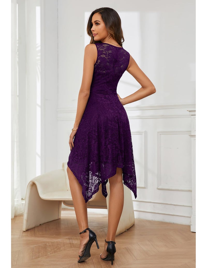 Meetjen Women's Sleeveless V-Neck Lace Cocktail Prom Dresses Summer Bridesmaid High Low Short Formal Dress Grape M - Image 5