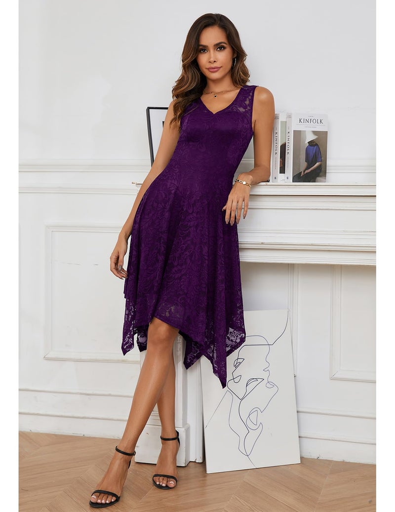 Meetjen Women's Sleeveless V-Neck Lace Cocktail Prom Dresses Summer Bridesmaid High Low Short Formal Dress Grape M - Image 2