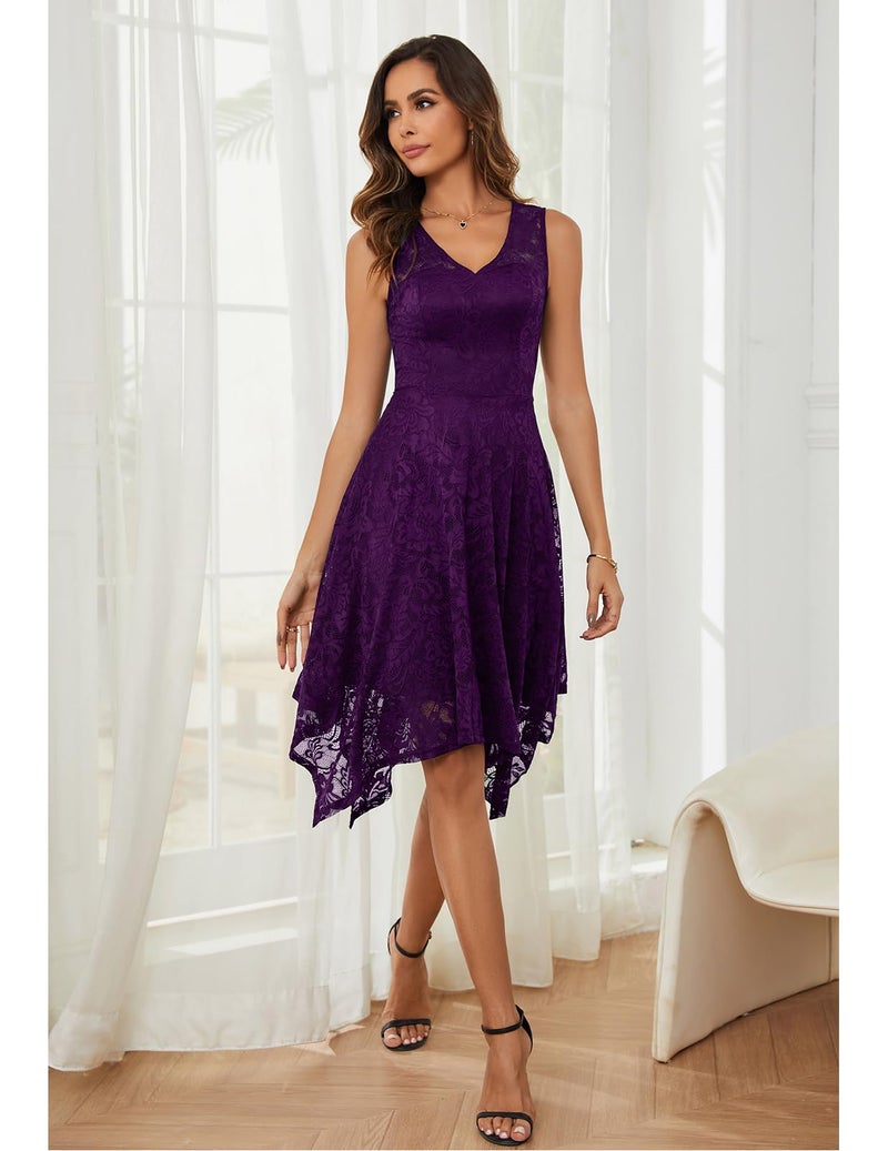 Meetjen Women's Sleeveless V-Neck Lace Cocktail Prom Dresses Summer Bridesmaid High Low Short Formal Dress Grape M - Image 3