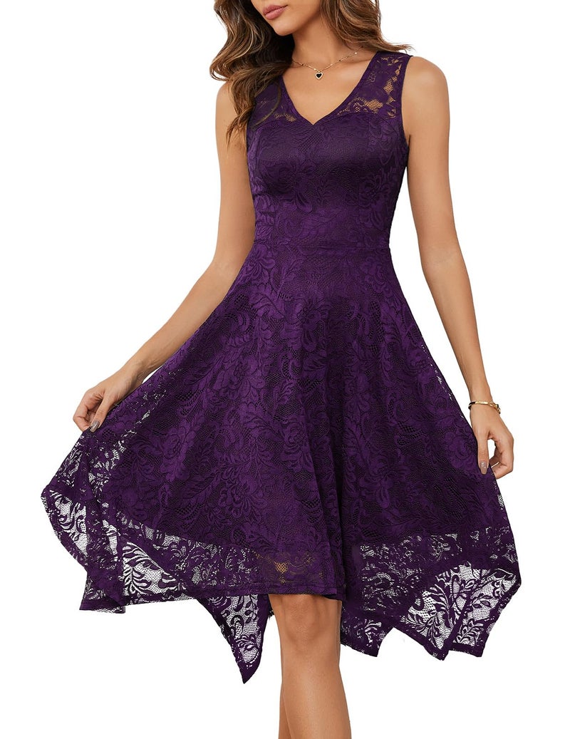 Meetjen Women's Sleeveless V-Neck Lace Cocktail Prom Dresses Summer Bridesmaid High Low Short Formal Dress Grape M - Image 4