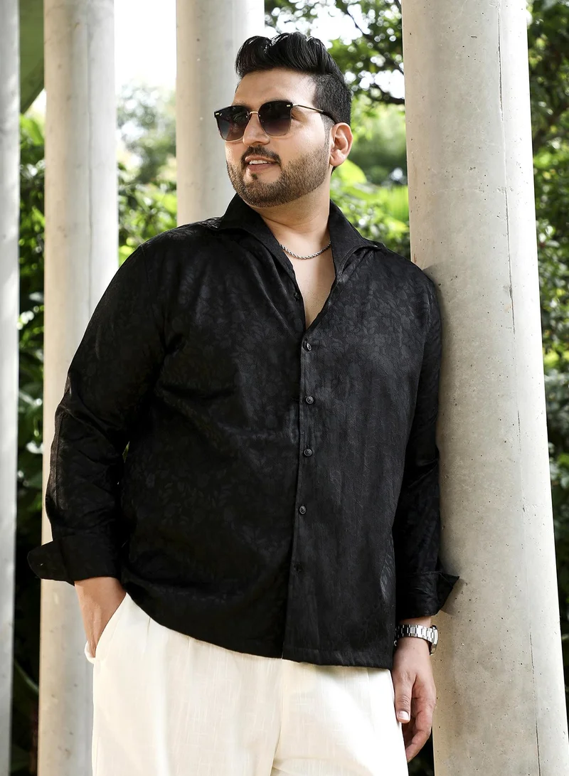 Instafab Plus Instafab Plus Men's Onyx Black Floral-Jacquard Button-Down Relaxed Shirt For Casual Wear | Point Collar | Long Sleeves | Button Closure | Plus Size Shirt Crafted With Comfort Fit For Everyday Wear