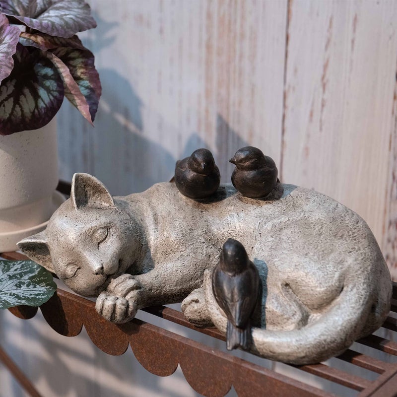Comfy Hour Loving Memory Collection 12" Length Garden Accent Decorative Sparrows On Cat Figurine, Polyresin Statue Stone Looking - Image 2