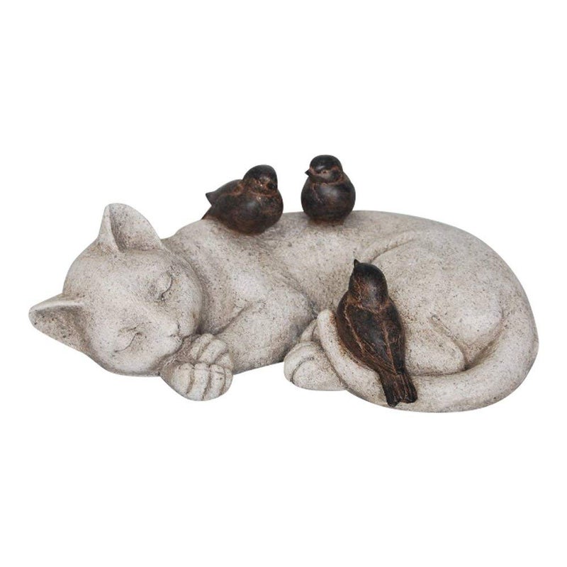 Comfy Hour Loving Memory Collection 12" Length Garden Accent Decorative Sparrows On Cat Figurine, Polyresin Statue Stone Looking - Image 1