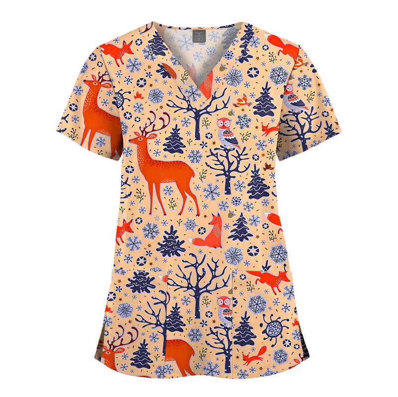 Elastic Christmas Pattern Comfortable Plus Size Cartoon Nurses' Clothing Printed Dental Dentist Work Clothes - Image 1