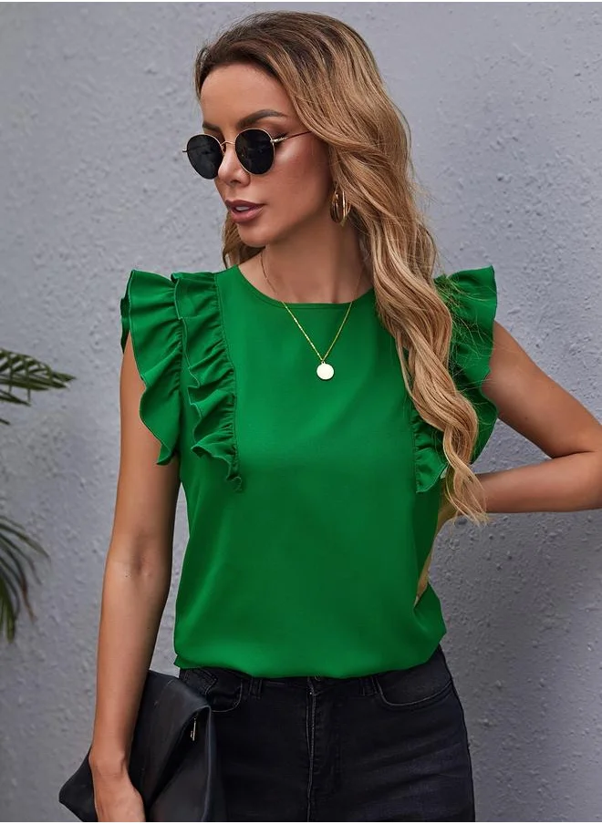 تايك تو Take Two Solid Ruffle Sleeve Round Neck Top