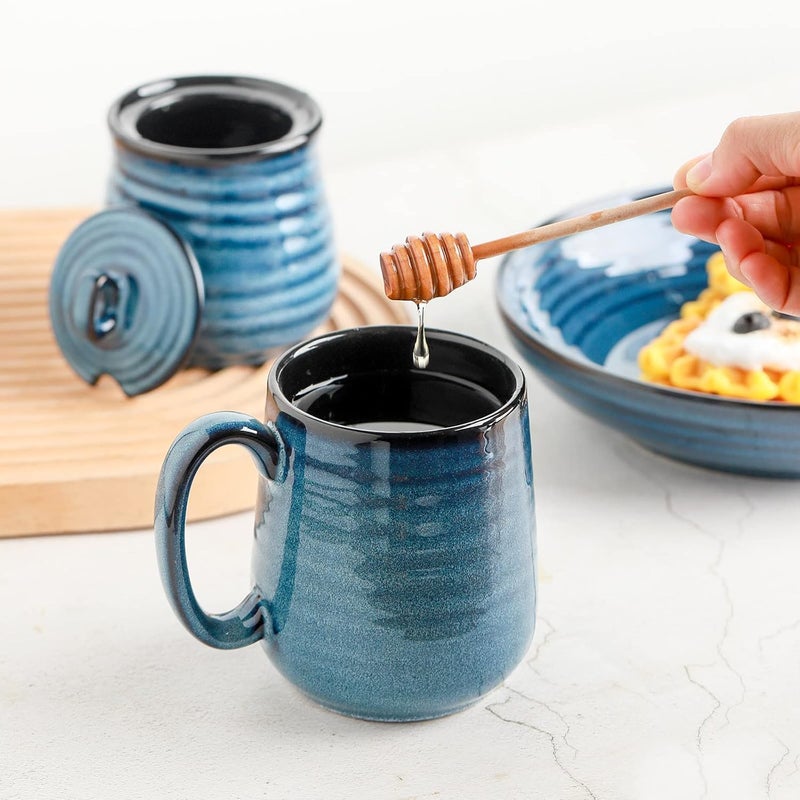 Hasense Ceramic Honey Pot with Lid, 12 Ounce HoneyJar with Wooden Dipper, Honey Dipper Stick and Jar Set, Cute Small Container for Christmas Thanksgiving Gift, Dishwasher Safe, Blue - Image 5