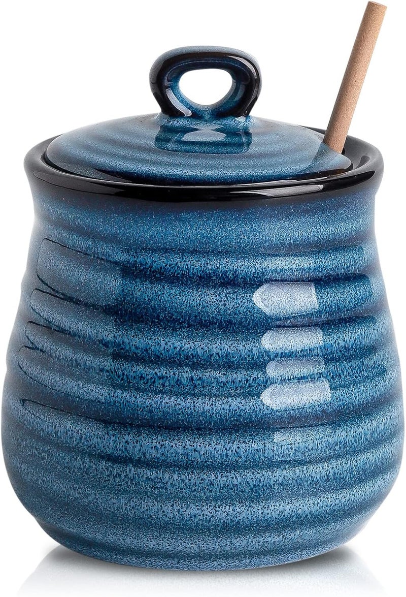 Hasense Ceramic Honey Pot with Lid, 12 Ounce HoneyJar with Wooden Dipper, Honey Dipper Stick and Jar Set, Cute Small Container for Christmas Thanksgiving Gift, Dishwasher Safe, Blue - Image 1