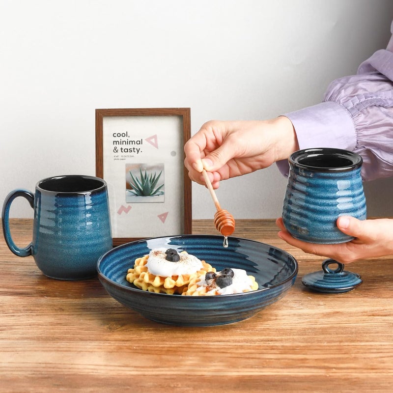 Hasense Ceramic Honey Pot with Lid, 12 Ounce HoneyJar with Wooden Dipper, Honey Dipper Stick and Jar Set, Cute Small Container for Christmas Thanksgiving Gift, Dishwasher Safe, Blue - Image 2