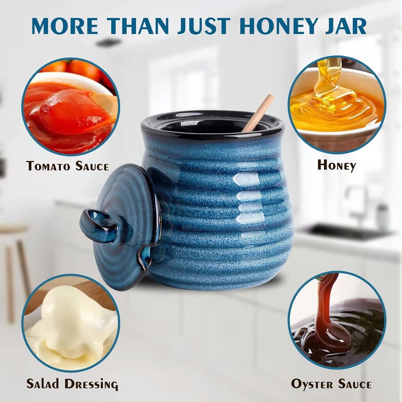 Hasense Ceramic Honey Pot with Lid, 12 Ounce HoneyJar with Wooden Dipper, Honey Dipper Stick and Jar Set, Cute Small Container for Christmas Thanksgiving Gift, Dishwasher Safe, Blue - Image 3