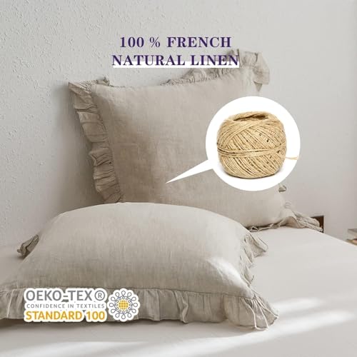 Simple&Opulence أغطية وسائد يورو من الكتان 100% بسيطة وفاخرة مع كشكشة، 26x26 بوصة، مجموعة من 2 وسادة، أغطية وسائد يورو للسرير والأريكة، ديكور منزلي فرنسي فاخر وقابل للتنفس، أغطية وسائد مربعة من الكتان الطبيعي - Image 3