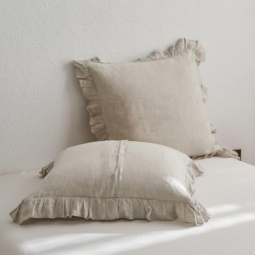 Simple&Opulence أغطية وسائد يورو من الكتان 100% بسيطة وفاخرة مع كشكشة، 26x26 بوصة، مجموعة من 2 وسادة، أغطية وسائد يورو للسرير والأريكة، ديكور منزلي فرنسي فاخر وقابل للتنفس، أغطية وسائد مربعة من الكتان الطبيعي - Image 4