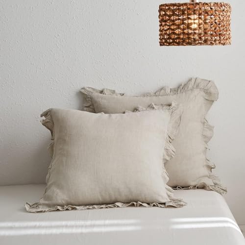 Simple&Opulence أغطية وسائد يورو من الكتان 100% بسيطة وفاخرة مع كشكشة، 26x26 بوصة، مجموعة من 2 وسادة، أغطية وسائد يورو للسرير والأريكة، ديكور منزلي فرنسي فاخر وقابل للتنفس، أغطية وسائد مربعة من الكتان الطبيعي - Image 1