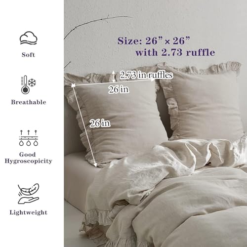 Simple&Opulence أغطية وسائد يورو من الكتان 100% بسيطة وفاخرة مع كشكشة، 26x26 بوصة، مجموعة من 2 وسادة، أغطية وسائد يورو للسرير والأريكة، ديكور منزلي فرنسي فاخر وقابل للتنفس، أغطية وسائد مربعة من الكتان الطبيعي - Image 2