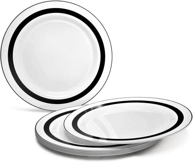 OCCASIONS FINEST PLASTIC TABLEWARE " OCCASIONS" 50 Plates Pack (25 Guests)-Heavyweight Wedding Party Disposable Plastic Plate Set -25 x 10.5'' Dinner + 25 x 7.5'' Salad/Dessert plates (Soleil White & Black) - Image 3