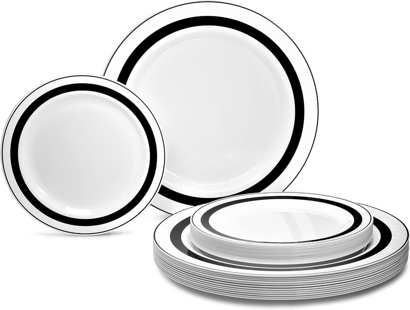 OCCASIONS FINEST PLASTIC TABLEWARE " OCCASIONS" 50 Plates Pack (25 Guests)-Heavyweight Wedding Party Disposable Plastic Plate Set -25 x 10.5'' Dinner + 25 x 7.5'' Salad/Dessert plates (Soleil White & Black) - Image 2